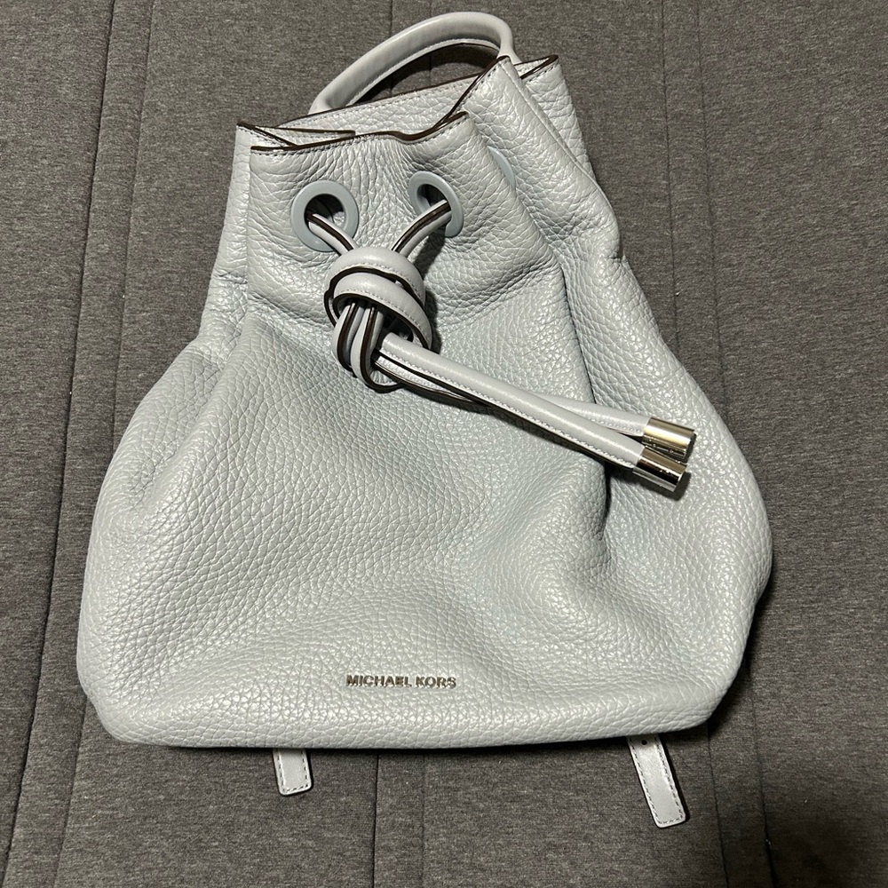Michael Kors Collection Dahlia Baby Blue Drawstring Pebble Leather Backpack